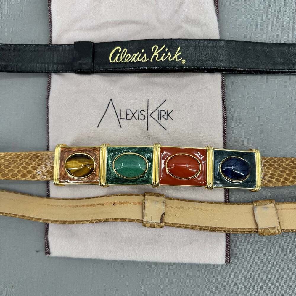 Vintage 1980s Alexis Kirk Gemstone Cabochon Enamel Snakeskin Belt 2 Strap Set